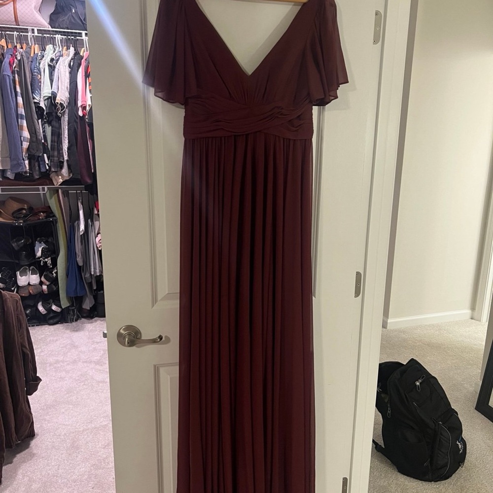 David's Bridal Red Pleated Off-the-Shoulder Gown
